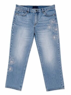 Lucky Brand Light Blue Straight Leg Jeans with White Floral Embroidery